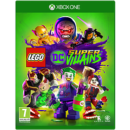 Bright green game cover featuring LEGO DC Super-Villains, showcasing characters like Joker and Harley Quinn, with vibrant purple splashes and a colorful design.