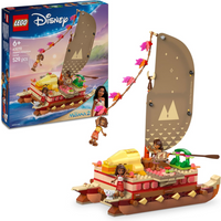 Lego Disney Moana's Adventure Canoe with brown sail, pink flowers, and Moana mini-figure on a detailed raft.