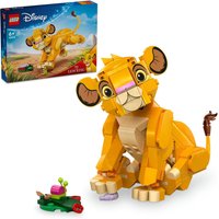 LEGO Disney Simba Lion King cub toy, yellow and tan bricks, movable limbs, with a small green bug accessory.