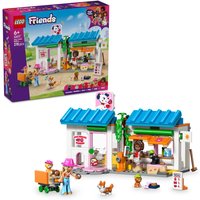 LEGO Friends Dog Treats Bakery Playset with blue roof, figures, dog, and bakery accessories.