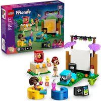 LEGO Friends Movie Night kit with mini figures, projector, popcorn stand, and colorful seating.