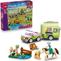 LEGO Friends set with green trailer, purple car, two figures, horse, foal, and accessories.