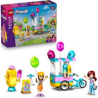 LEGO Friends set with ice cream cart, colorful balloons, mini figures, and accessories on a vibrant background.