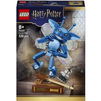 LEGO Harry Potter Cornish Pixie set with blue pixie figure, wings, and wand on a display stand, 320 pieces.