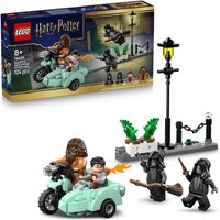 LEGO set with Hagrid on a turquoise motorcycle, Harry in sidecar, streetlamp, and two figures in black robes.