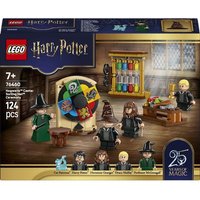 LEGO Harry Potter Sorting Hat Ceremony Set with minifigures, spinning hat, and potion shelves, 124 pieces.