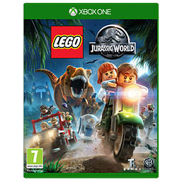LEGO Jurassic World game for Xbox One featuring vibrant colors, a T-Rex, and characters riding motorcycles amidst a jungle backdrop.