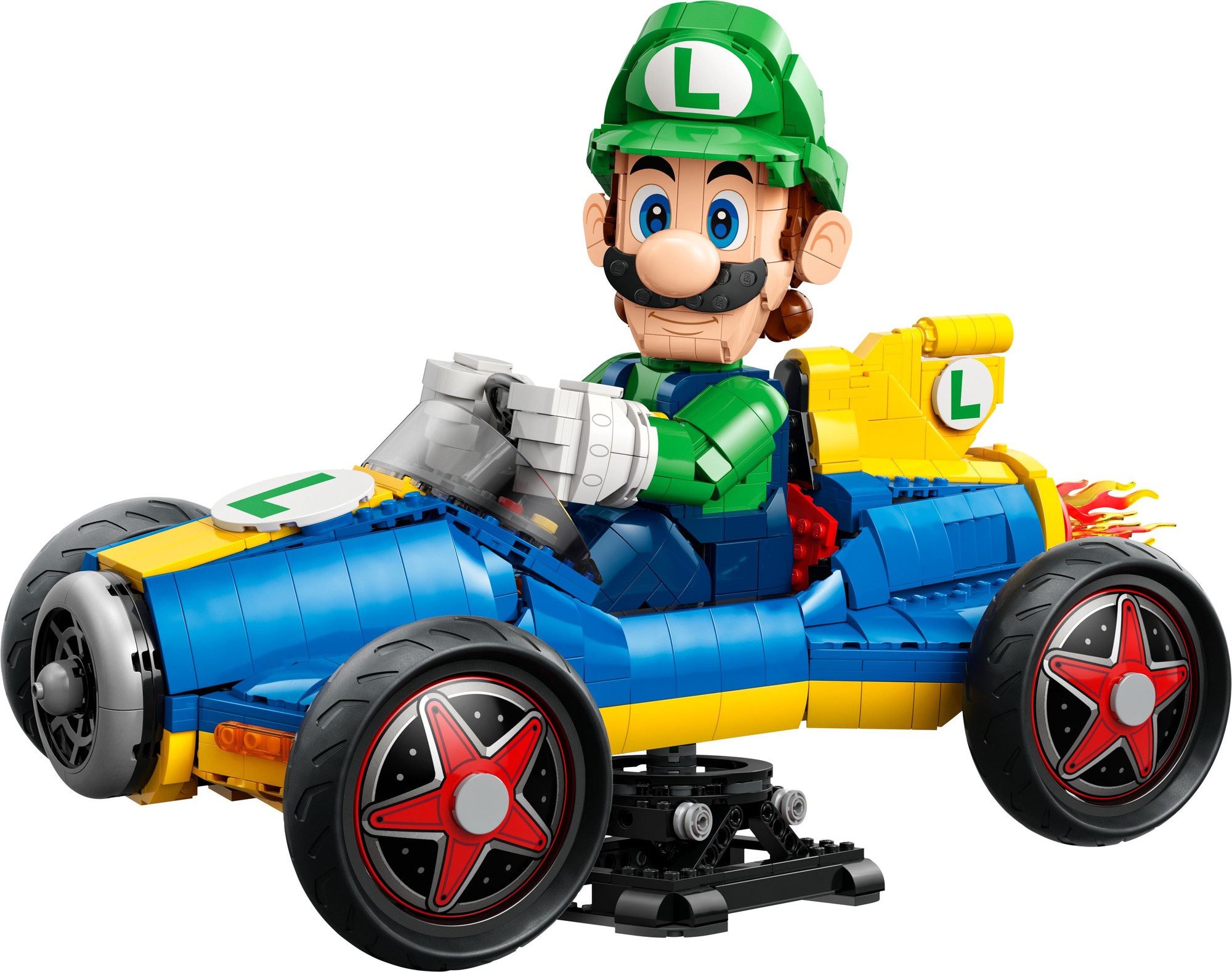 LEGO Mario Kart set featuring Luigi in a green cap and overalls, driving a blue and yellow Mach 8 kart with red star-patterned wheels and a rear exhaust flame.