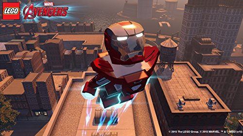 LEGO Marvel Avengers for Xbox One features Iron Man in a red and silver suit, soaring above a cityscape with blue thrusters, showcasing vibrant colors and detailed design.
