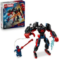 LEGO Marvel set with Miles Morales mech, red and black design, and Spider-Man 2099 minifigure with web accessory.