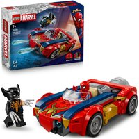LEGO Marvel set with Spider-Man in red-blue car and Venomized Wolverine figure, 136 pieces, colorful packaging.