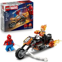 LEGO Marvel set with Spider-Man figure, Ghost Rider on flaming motorcycle, and detailed box art.