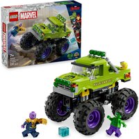 LEGO Marvel Hulk Truck vs. Thanos set with green monster truck, Hulk and Thanos minifigures, and a blue power cube.