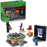 LEGO Minecraft Nether & End Portal set with figures, portal, and terrain elements in vibrant colors.