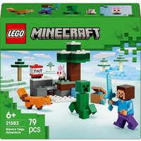 LEGO Minecraft set with Steve, fox, Creeper, and taiga scene including tree and TNT block, 79 pieces.
