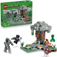 LEGO Minecraft The Pale Garden set with figures, a tree, and a green baseplate, box in background.