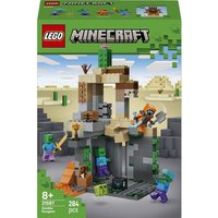 LEGO Minecraft Zombie Dungeon set with blocky cave, zombies, and adventurer figures, 219 pieces, green and gray tones.
