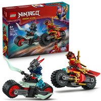 LEGO Ninjago playset with red and black motorcycle, Kai minifigure, and box showing action scene.