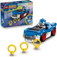 LEGO Sonic Speedster set with blue car, Sonic minifigure, red wheels, and three yellow rings.