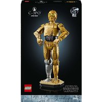 LEGO Star Wars C-3PO set, gold and silver droid figure with detailed panels, standing on a display base.