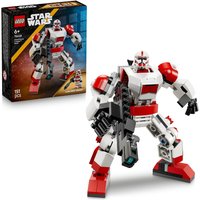 LEGO Star Wars Clone Shock Trooper Mech Set with red and white armor, blaster, and articulated limbs.