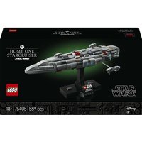 LEGO Star Wars Home One Starcruiser set, detailed gray starship model with display stand, 559 pieces.