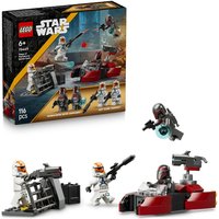LEGO Star Wars Siege of Mandalore set with minifigures, speeder, and blaster turret, 116 pieces, box in background.