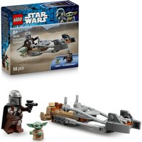 LEGO Star Wars set featuring The Mandalorian and Grogu with a gray and brown speeder bike, includes minifigures.