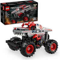 Lego Technic Monster Jam Thunderroarus truck, red and gray with pull-back motor, large tires, and detailed decals.