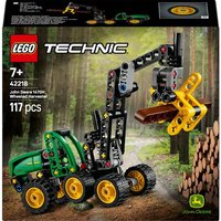 LEGO Technic John Deere 1470H set with green body, yellow wheels, and articulated arm in forest scene.