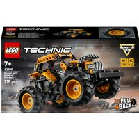 LEGO Technic Monster Jam DIGatron Truck with large black tires, yellow and black body, and pull-back motor feature.
