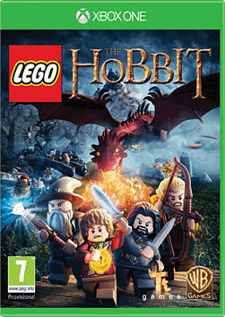 LEGO The Hobbit for Xbox One features colorful characters, including a wizard and a hobbit, with a dragon in the background, set against a dark fantasy landscape.