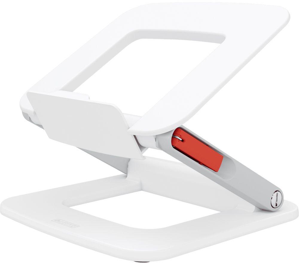 White Leitz PC stand designed for laptops, featuring an adjustable height mechanism with a red accent, made from durable plastic for stability and ergonomic use.