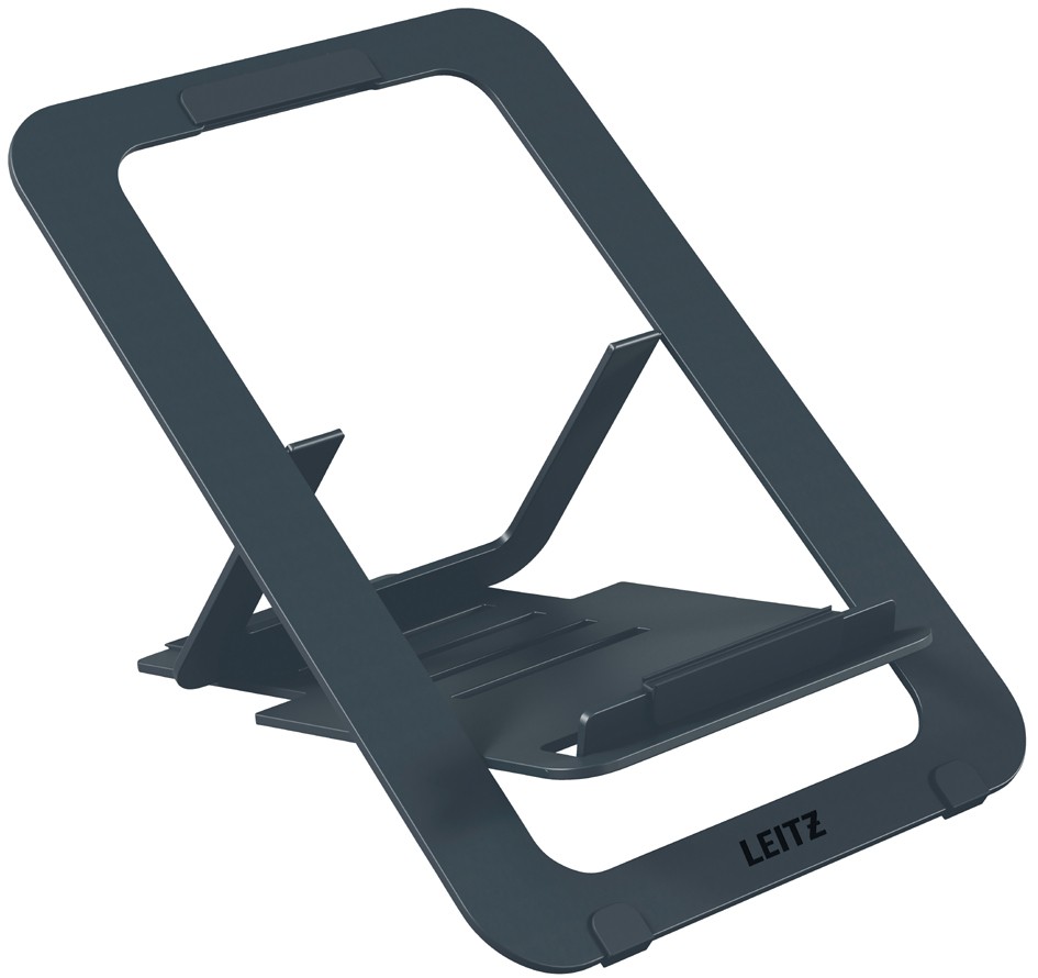 Aluminium laptop riser in ultra-flat silver design, featuring adjustable height and angle for ergonomic use, with a sleek, modern look and Leitz branding.