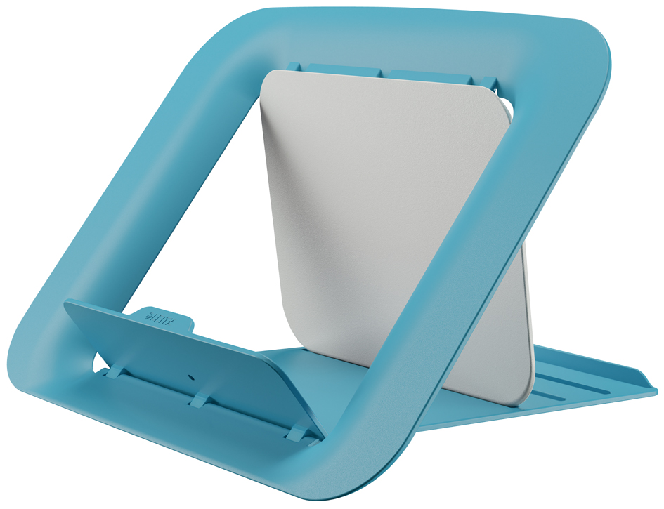 Height-adjustable laptop stand in grey plastic with a sleek design, featuring a sturdy base and a smooth, angled surface for ergonomic use.