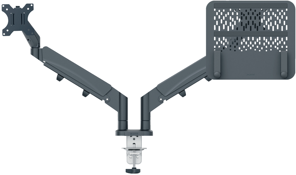 Height-adjustable dark grey monitor and laptop arm with a sturdy base, featuring a perforated platform and dual articulated arms for flexible positioning, suitable for 32-inch screens.