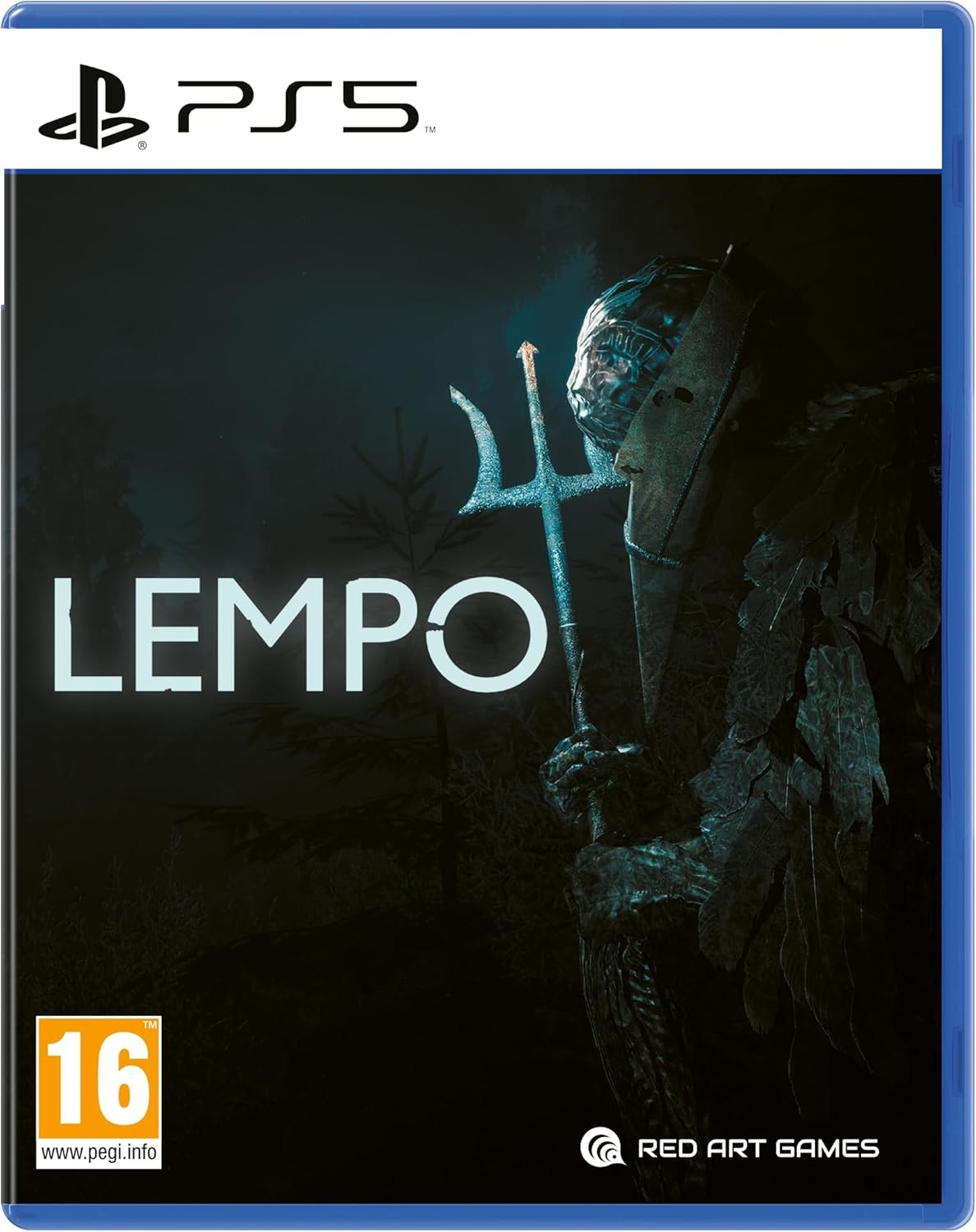 Lempo for PS5 features a dark, atmospheric cover with a shadowy figure holding a trident, set against a misty background, showcasing the Red Art Games logo and age rating.