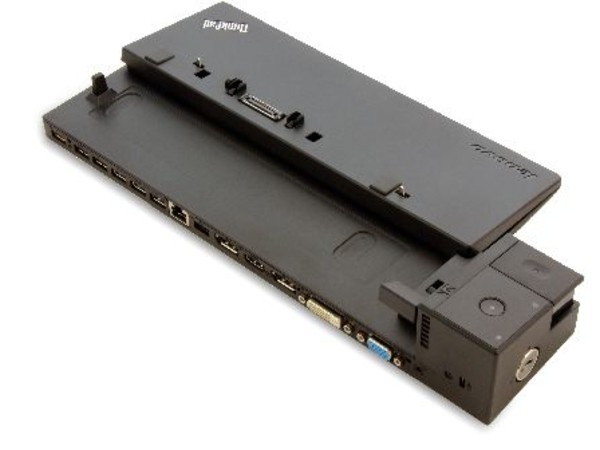 Black Lenovo 00HM917 laptop dock with a sleek design, featuring multiple ports including HDMI, USB, and a WiGig wireless connection for enhanced connectivity.