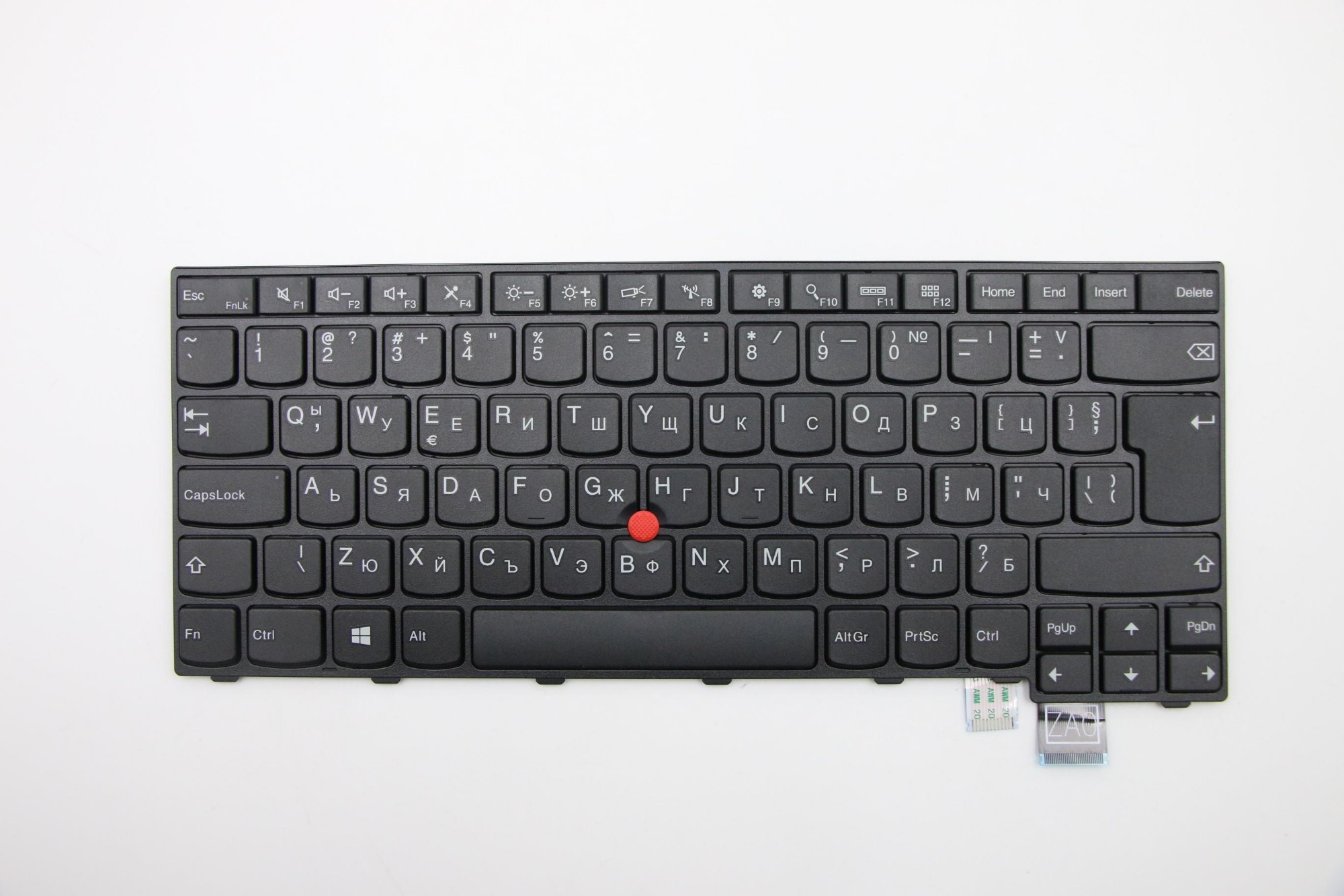Black Lenovo laptop keyboard featuring a red TrackPoint, with Cyrillic and Latin characters, and keys for functions like Home, Insert, and Delete.