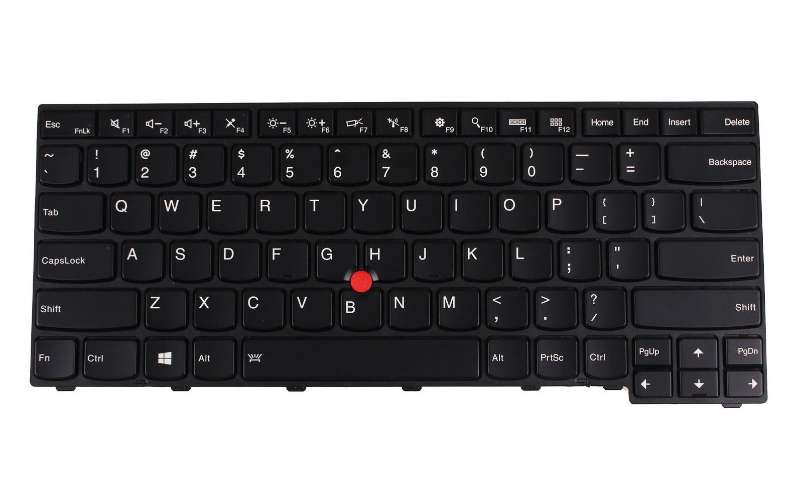 Black Lenovo laptop keyboard with a standard QWERTY layout, featuring a red TrackPoint in the center, function keys, and a compact design.