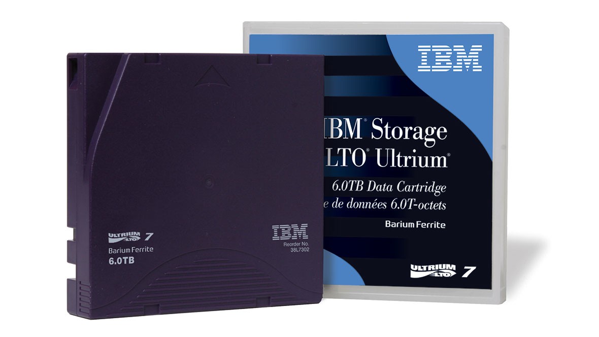 Purple data tape cartridge labeled "IBM Storage LTO Ultrium" with a capacity of 6 TB, featuring a sleek design and a protective case in the background.