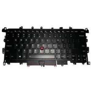 Black Lenovo 01AW912 laptop keyboard with a standard QWERTY layout, featuring a red TrackPoint in the center and various function keys, made of durable plastic.