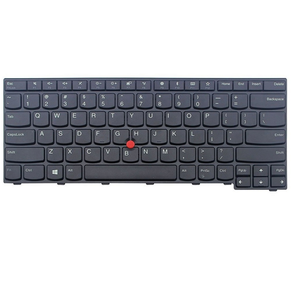 Black Lenovo laptop keyboard with a compact layout, featuring white lettering on keys, a red TrackPoint in the center, and a durable plastic finish.