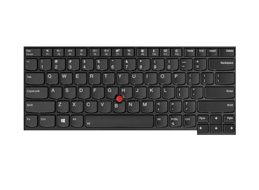 Black Lenovo laptop keyboard with a standard QWERTY layout, featuring a red TrackPoint in the center, function keys, and a compact design for easy replacement.