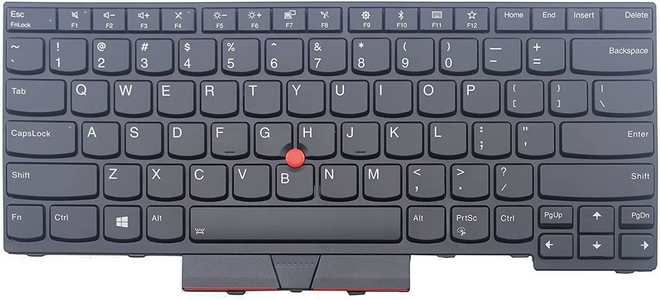 Black Lenovo laptop keyboard with a compact layout, featuring a red TrackPoint in the center, function keys at the top, and a smooth plastic finish.
