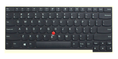Black Lenovo laptop keyboard featuring a QWERTY layout, with a central red trackpoint, function keys, and a sleek, matte finish.
