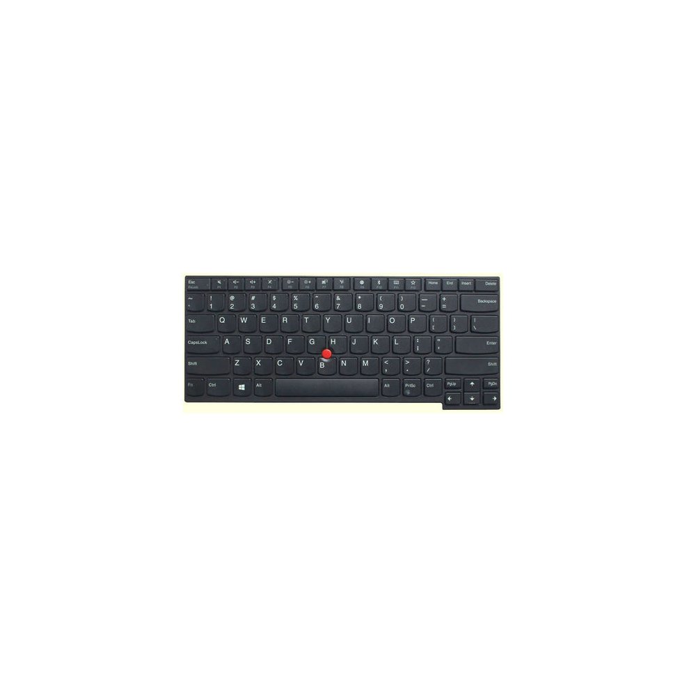 Black Lenovo laptop keyboard with a compact layout, featuring a red TrackPoint in the center, white lettering on keys, and a smooth plastic finish.