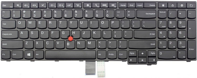 Black Lenovo 01AX621 laptop keyboard with a compact layout, featuring a red TrackPoint in the center, white lettering on keys, and a connector cable at the bottom.