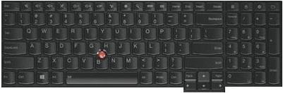 Black Lenovo laptop keyboard featuring a standard layout with rounded keys, including a red TrackPoint in the center and function keys along the top.