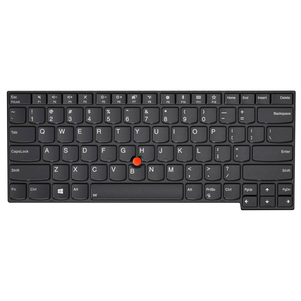 Black laptop keyboard with a compact layout, featuring white alphanumeric keys, function keys, and a distinct red TrackPoint in the center.
